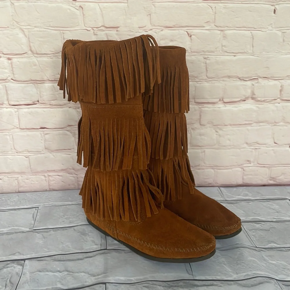 Minnetonka Bohemian 3 layer fringe mid calf boots size 7